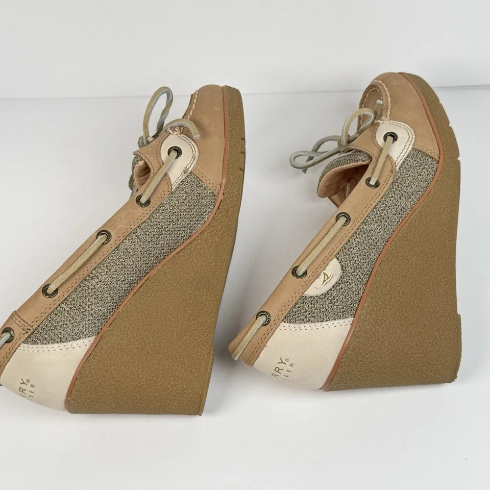 Sperry Top Sider Wedge Heel Boat Shoes Tan Leather Slip On Women 8M Yacht Beach